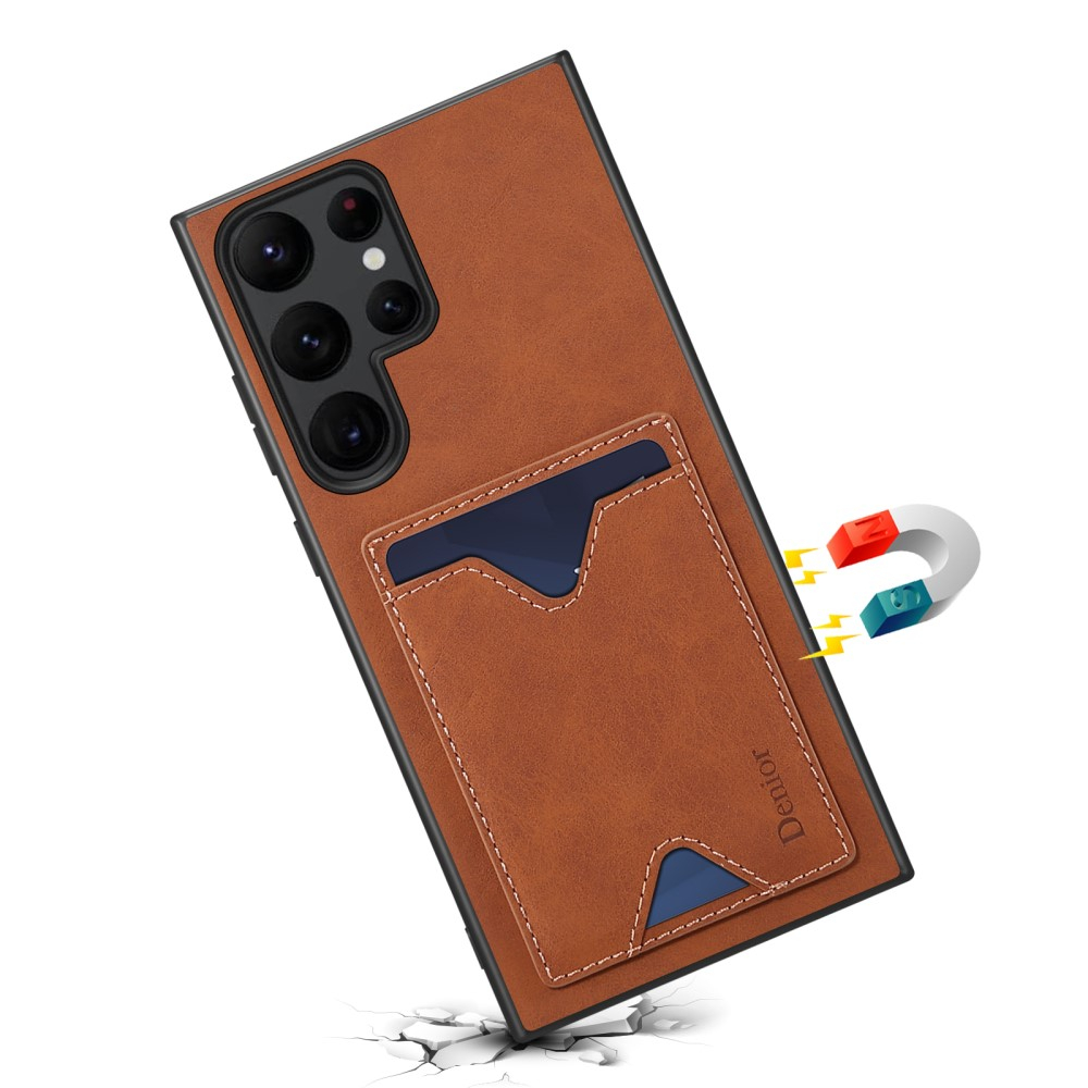 Samsung Galaxy S24 Ultra Hybrid Leder Hülle mit Magnetischem Kartenfach   Kickstand Aufsteller - Braun