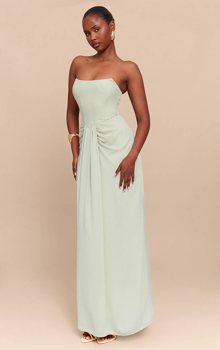 Vert Sauge Robe Longue Drapée À Détail Corset Bandeau
