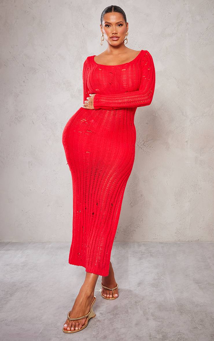 Robe Maxi Moulante En Maille À Encolure Ronde Et Manches Longues