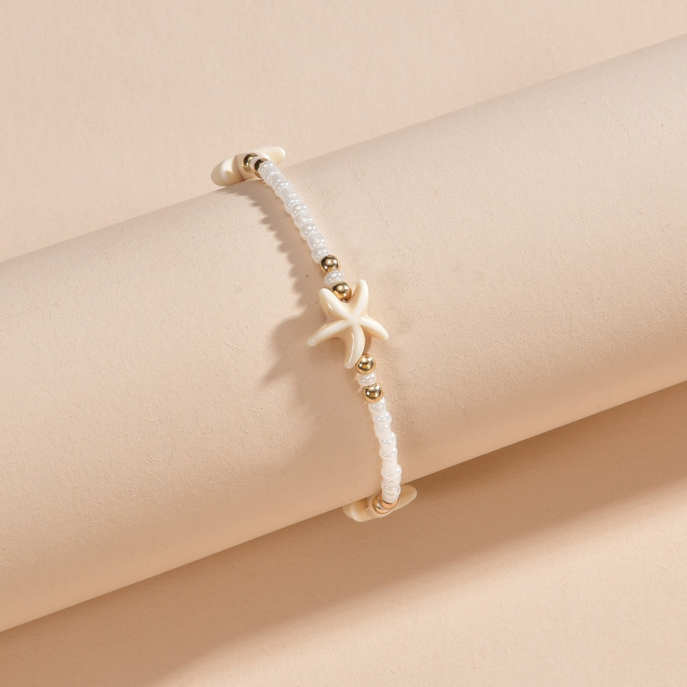 (180-330mm) Perlen Fusskette Sommer Modeschmuck Boho Anklet Fuss Kettchen mit Seestern - Weiss / Gold