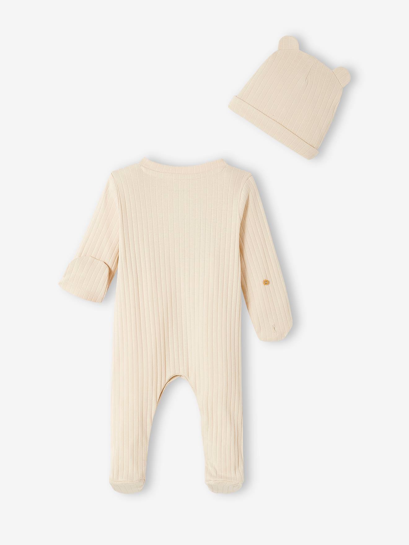 Conjunto de macacão e gorro canelados para bebê, bege claro liso