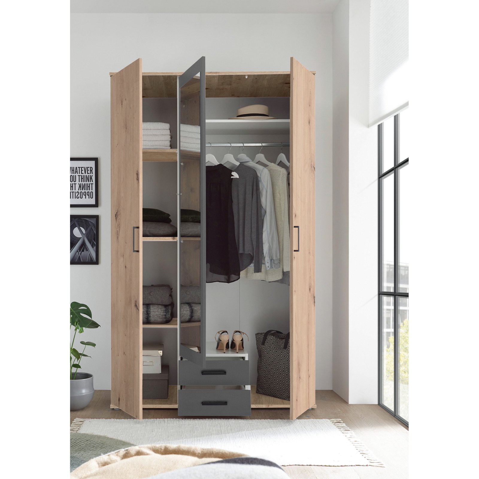 Drehtürenschrank Chicago Melamin Dekor Artisan/Anthrazit 120 x 97 x 54 cm, mit Spiegel