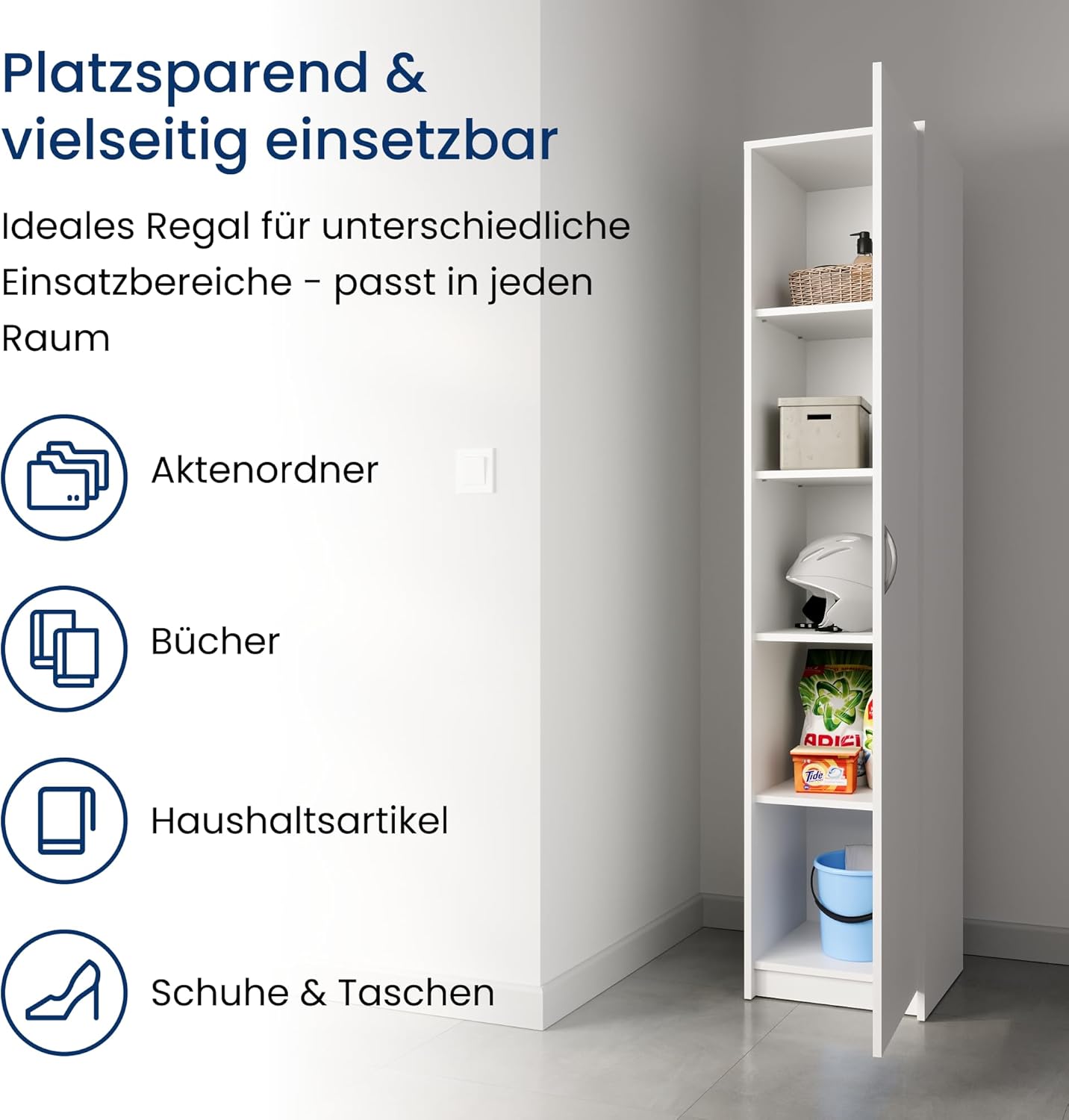Home Collective Regal mit 5 Ebenen in mattem Finish Aktenschrank mit 4 Einlegeböden und 1 Tür, Standregal 39 cm breit mit hochwertigen Polymergriffen ideal für Schlafzimmer Wohnzimmer Flur Büro Weiß