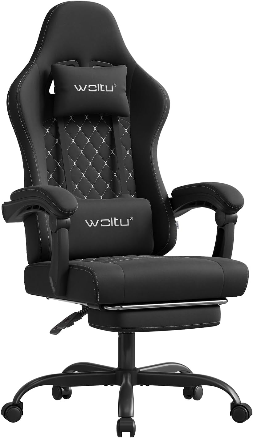 WOLTU Gaming Stuhl mit Massagefunktion, Computerstuhl Ergonomisch, Taschenfederkissen, Lendenmassage, Kopfkissen, Fußstütze, Drehstuhl, 150 kg, Tech-Stoff, Schwarz+Weiß