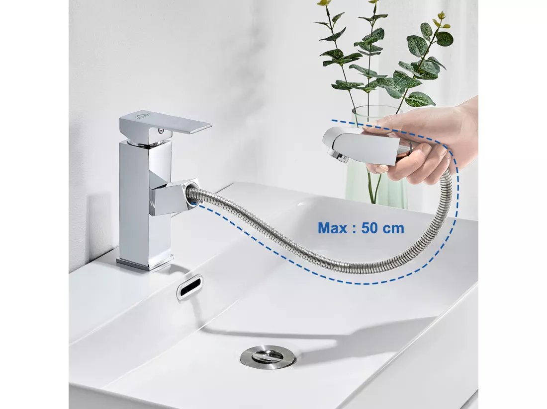 Robinet Lavabo avec Douchette Extractible,en Laiton,Chromé Eau Froide et Chaude+Bonde de Lavabo Bonde Pop-up avec Trop-plein Automatique Universelle