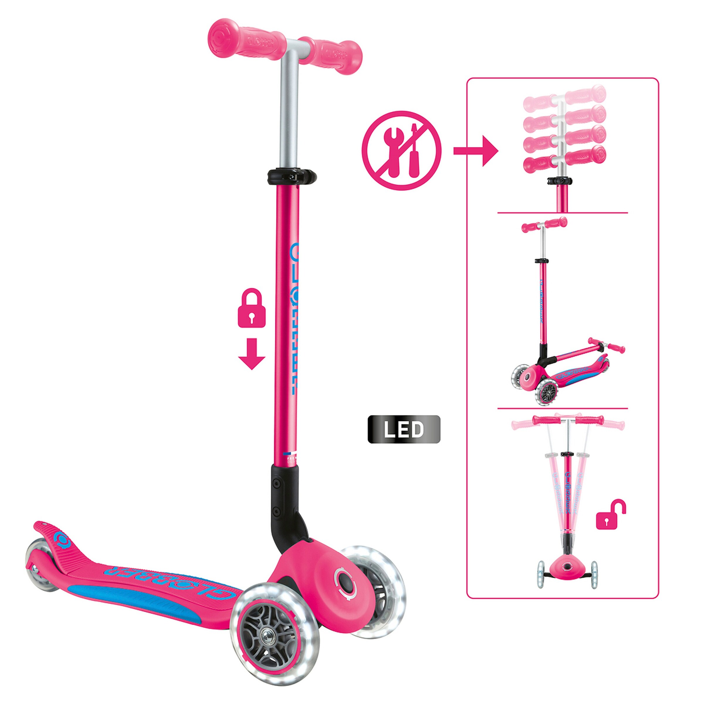 Globber Scooter PRIMO Foldable Plus Lights fuchsia