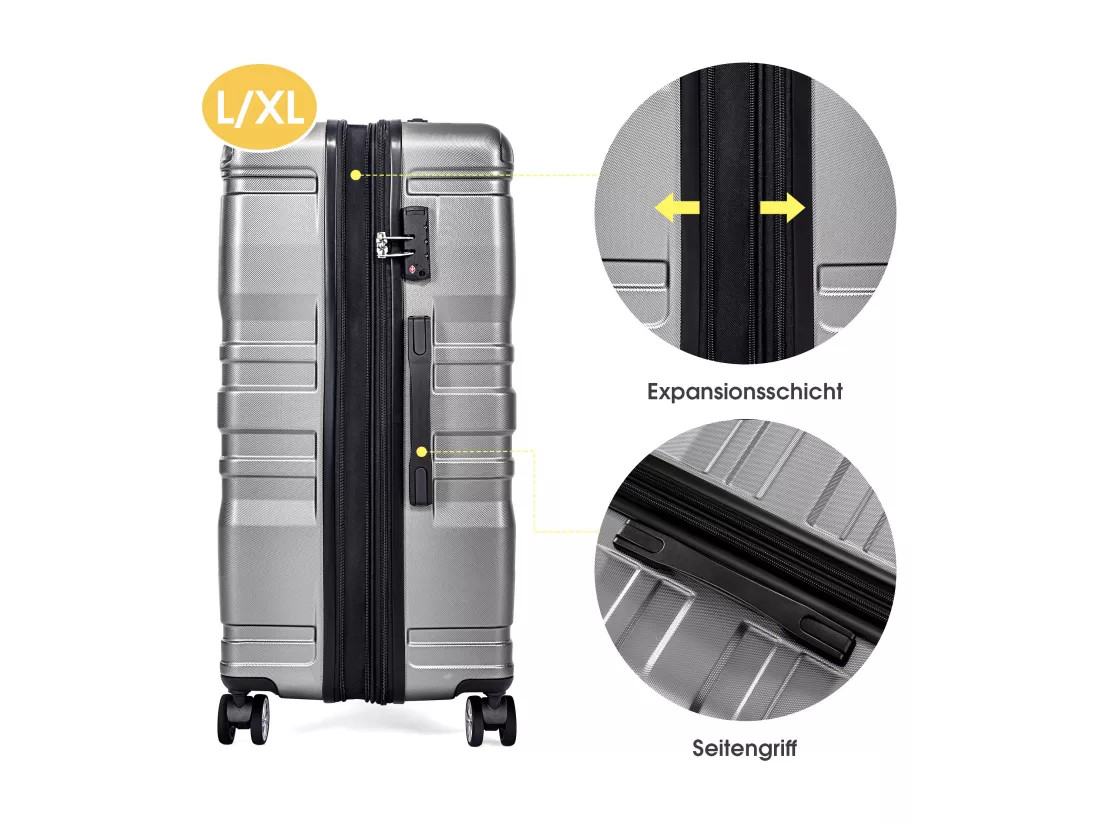 Bagage à main à coque rigide, valise avec serrure TSA et roue universelle, extensible, poignée latérale, ensemble 3 pièces