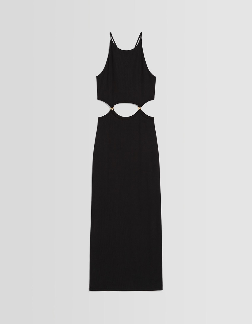 Vestido midi canelado com alças finas e detalhes em argolas.