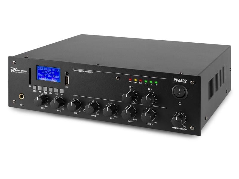 Power Dynamics Verstärker Pro PPA502 100 V, 2x 50 W 2-Kanal Verstärker mit Bluetooth, MP3-Player, Mikrofoneingang und verstellbarer Ausgangsleistung
