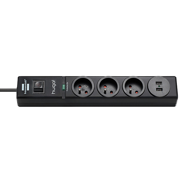 Prolongateur multiprise hugo! Brennenstuhl, parasurtenseur 19 500A, 3 prises courant, 2 prises USB, coloris noir