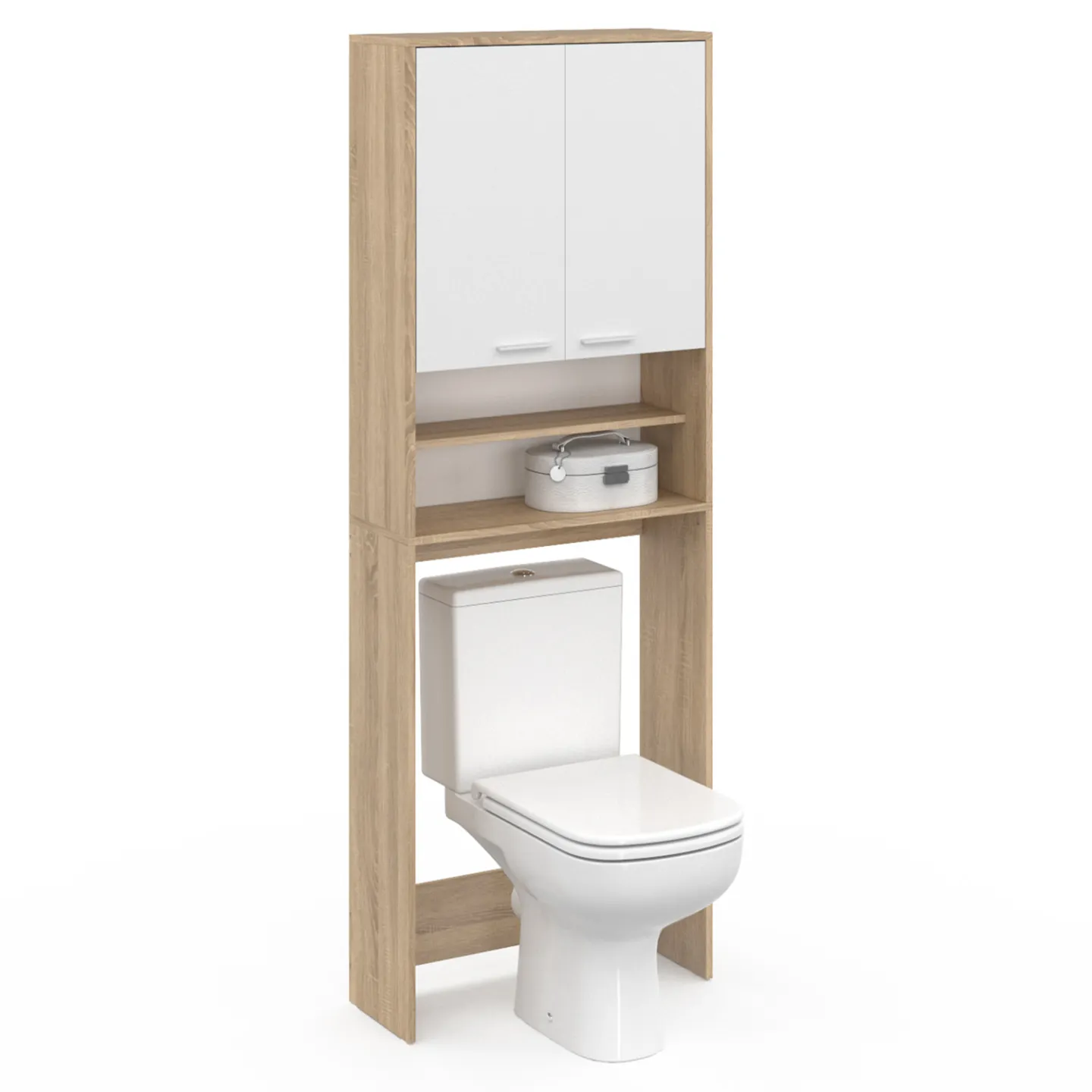 Meuble étagères de rangement dessus machine à laver et WC WALLIS blanc et hêtre