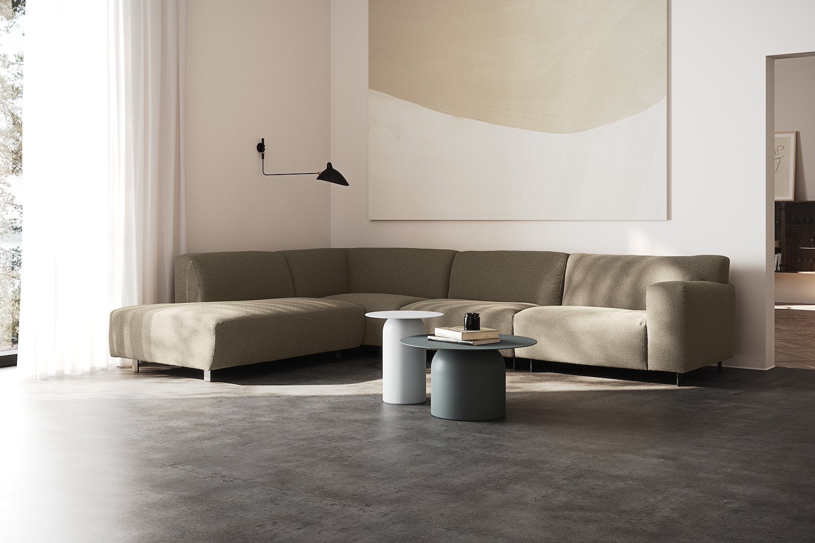 Vesta hjørnesofa 3-seter med åpen ende venstre, Big hjørnemodul, Tekstil Gianni Mole, standardsøm, sort metallben 10 cm, Comfort CM