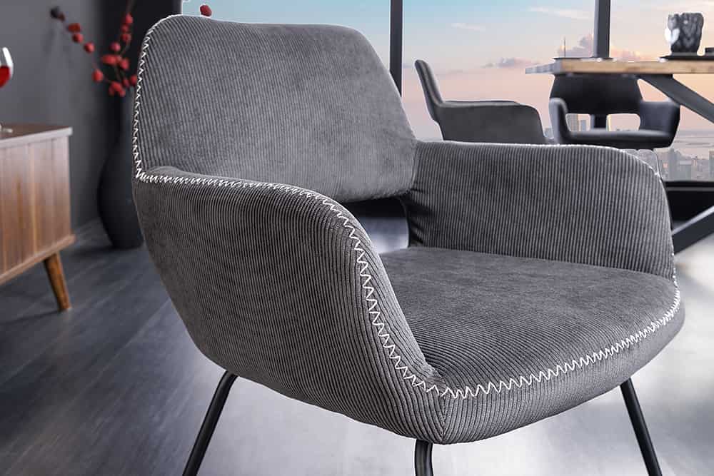 Design Stuhl MUSTANG grau Cord mit Armlehne schwarz Metall