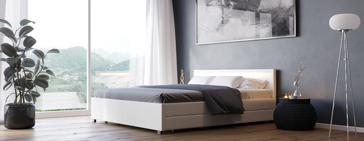 Lederbett LED TRANCE 140 x 200 cm weiss