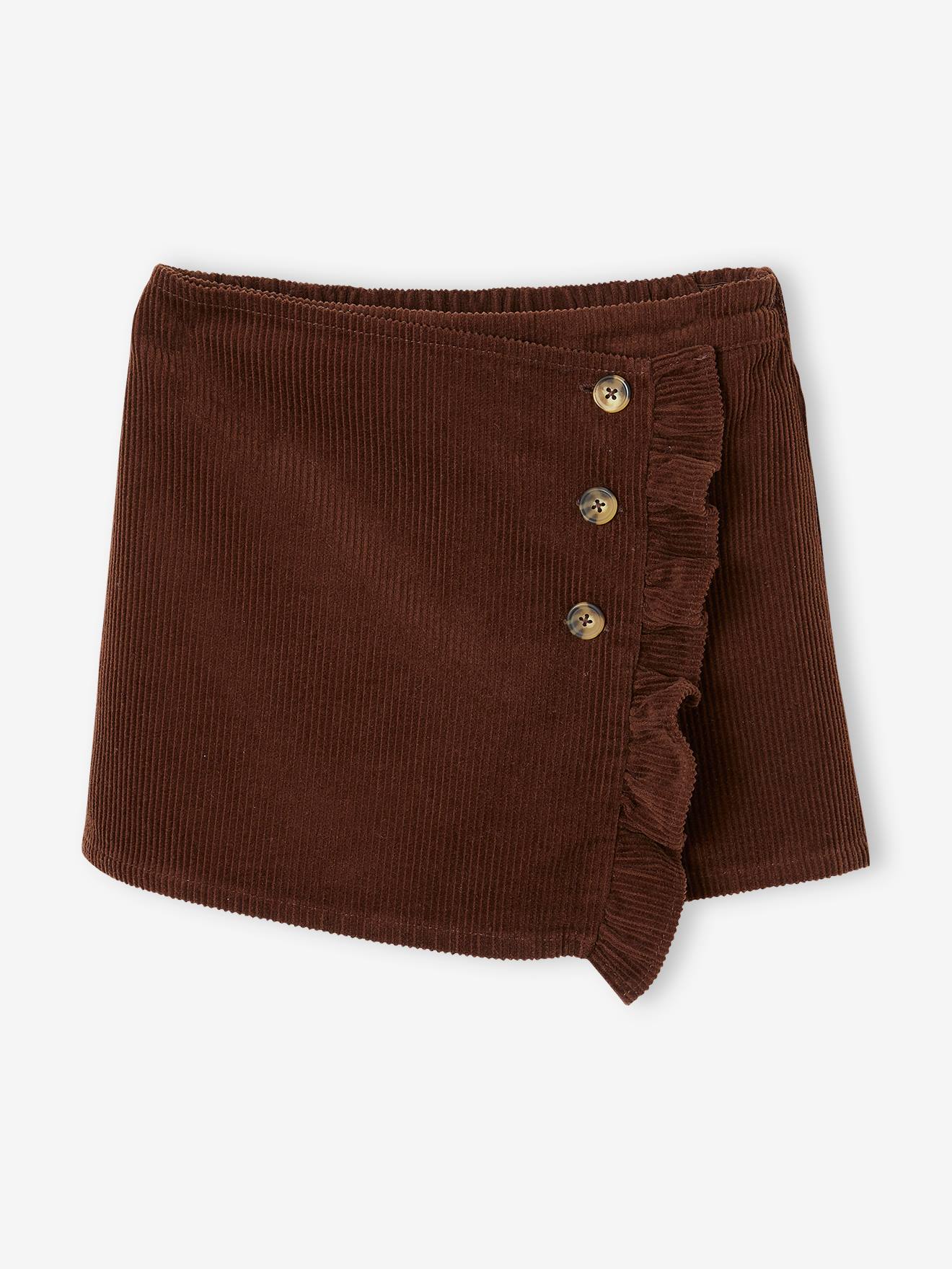 Saia/shorts de veludo cotelê roxo com efeito cruzado para meninas