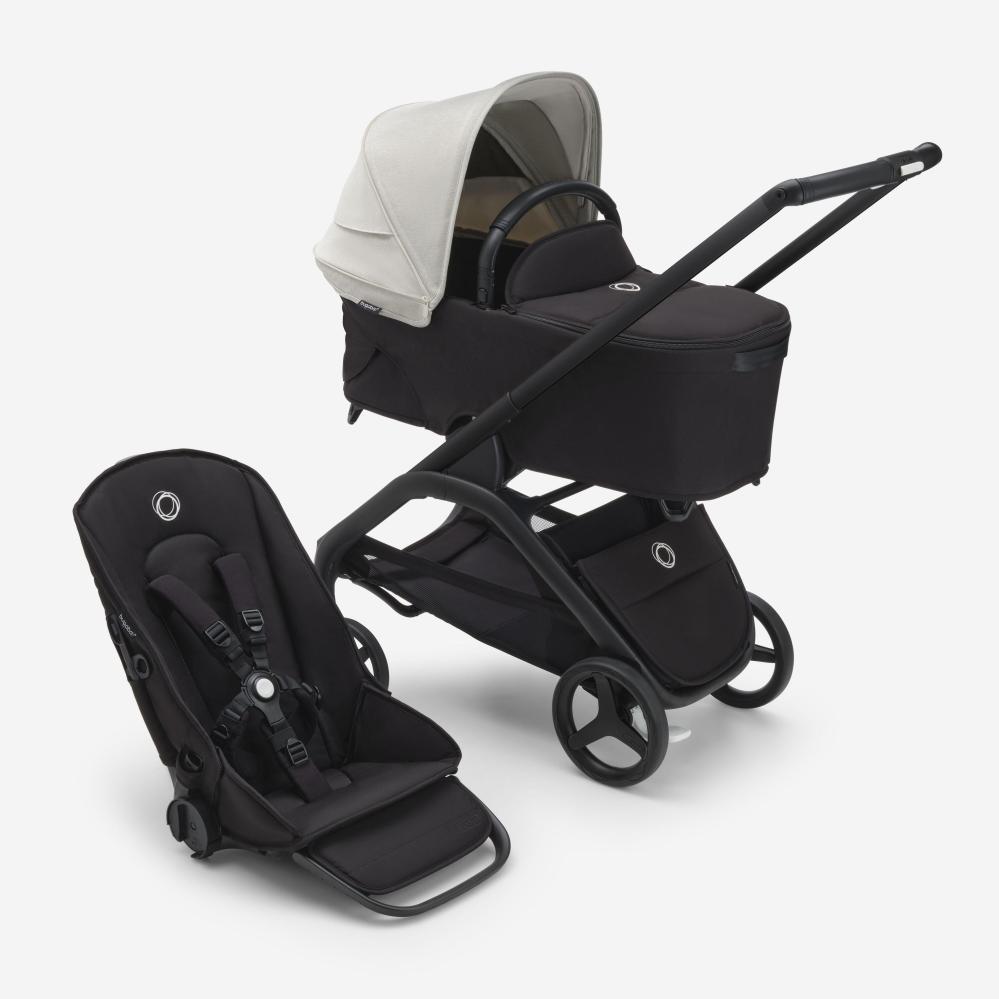 Carrinho de bebê Bugaboo Dragonfly, conjunto nas cores branco névoa/preto meia-noite/preto