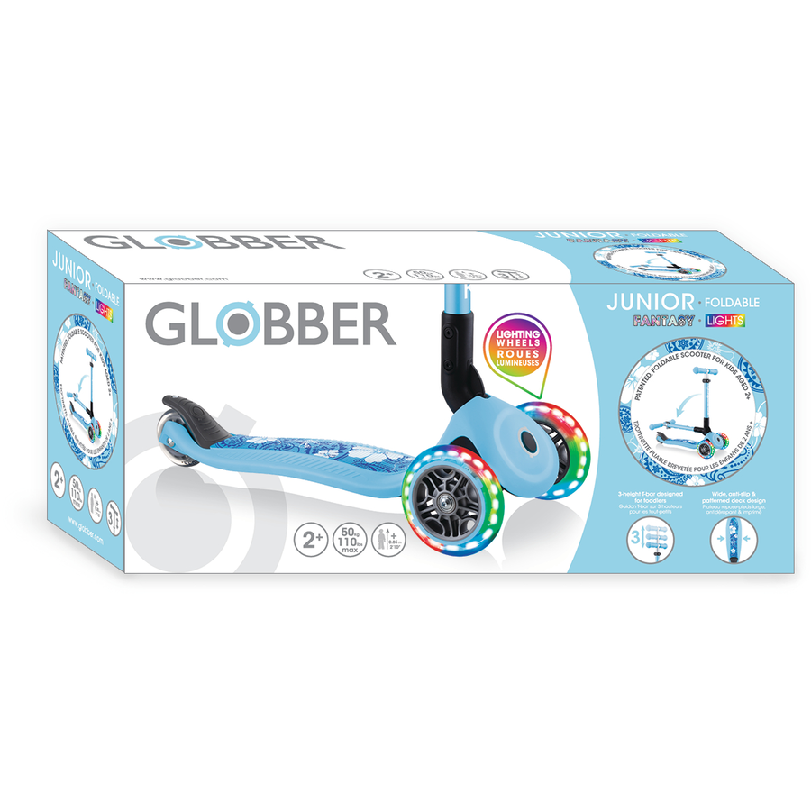 GLOBBER JUNIOR FOLDABLE FANTASY LIGHTS pastellblau-Flowers, mit Leuchtrollen