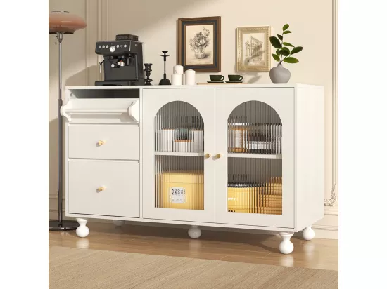 Buffet de salle à manger blanc avec longue porte en verre arc-en-ciel et porte-serviettes, meuble de rangement élégant