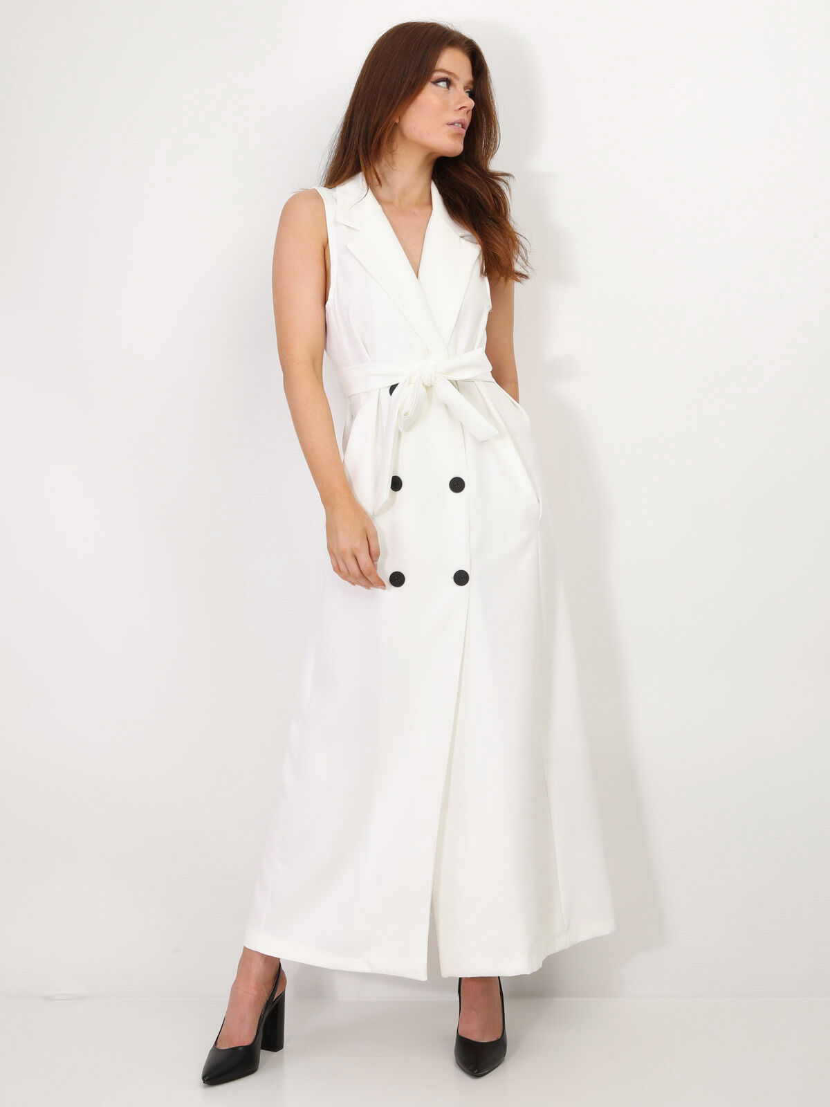 Robe longue style blazer à nouer- Blanc