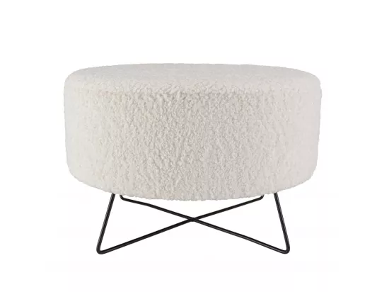 ALBANE - Pouf rond tissu bouclette blanc pieds croisés métal noir