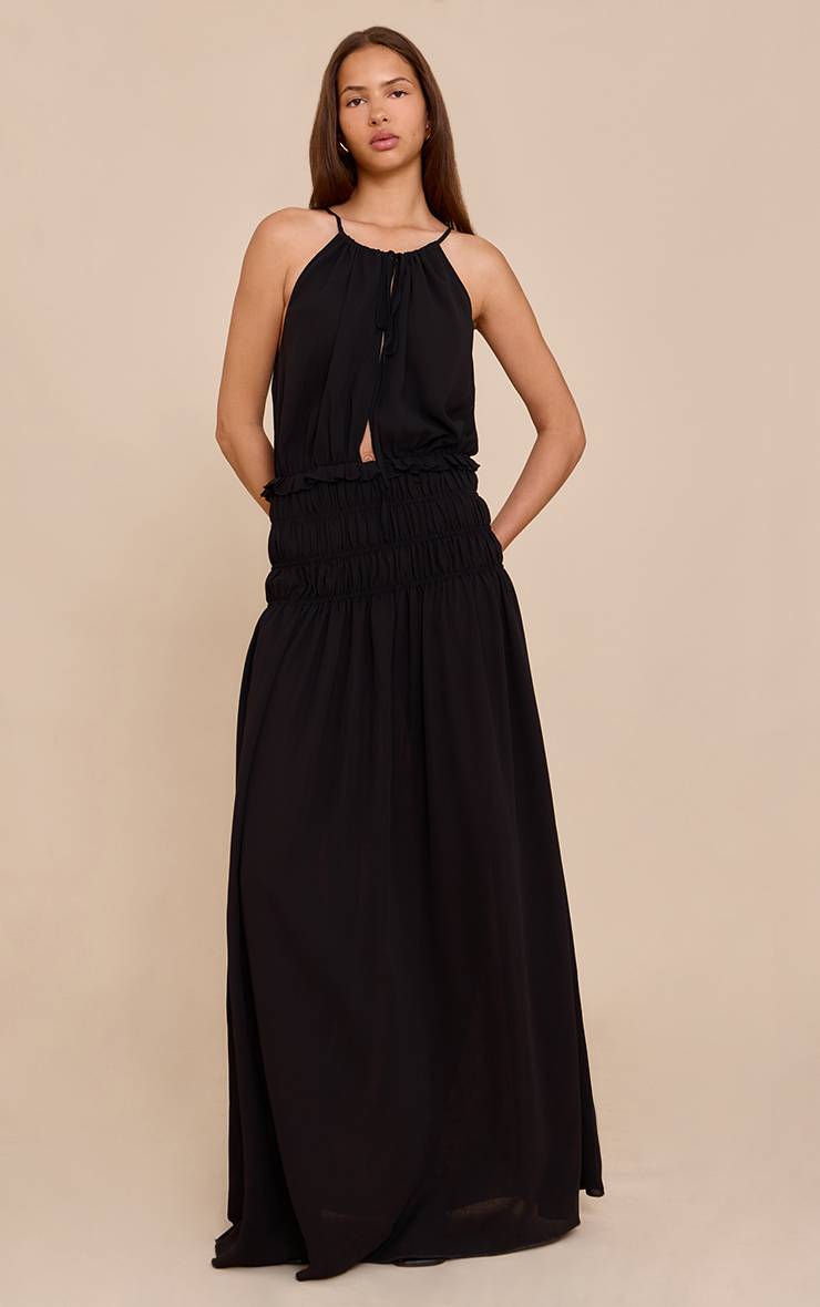 Noir Robe Longue En Mousseline Froncée