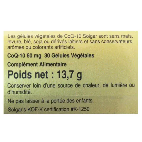 Solgar Co Q10 60mg 30 cápsulas vegetais