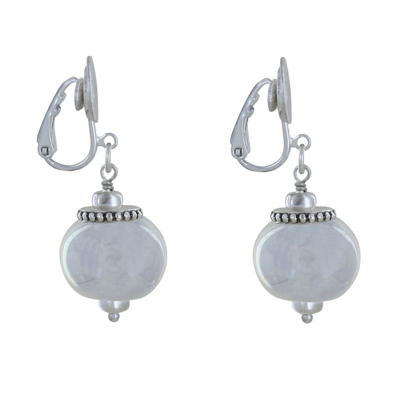Boucles d'Oreilles Clip Métal Argenté et Grosses Perles en Céramique