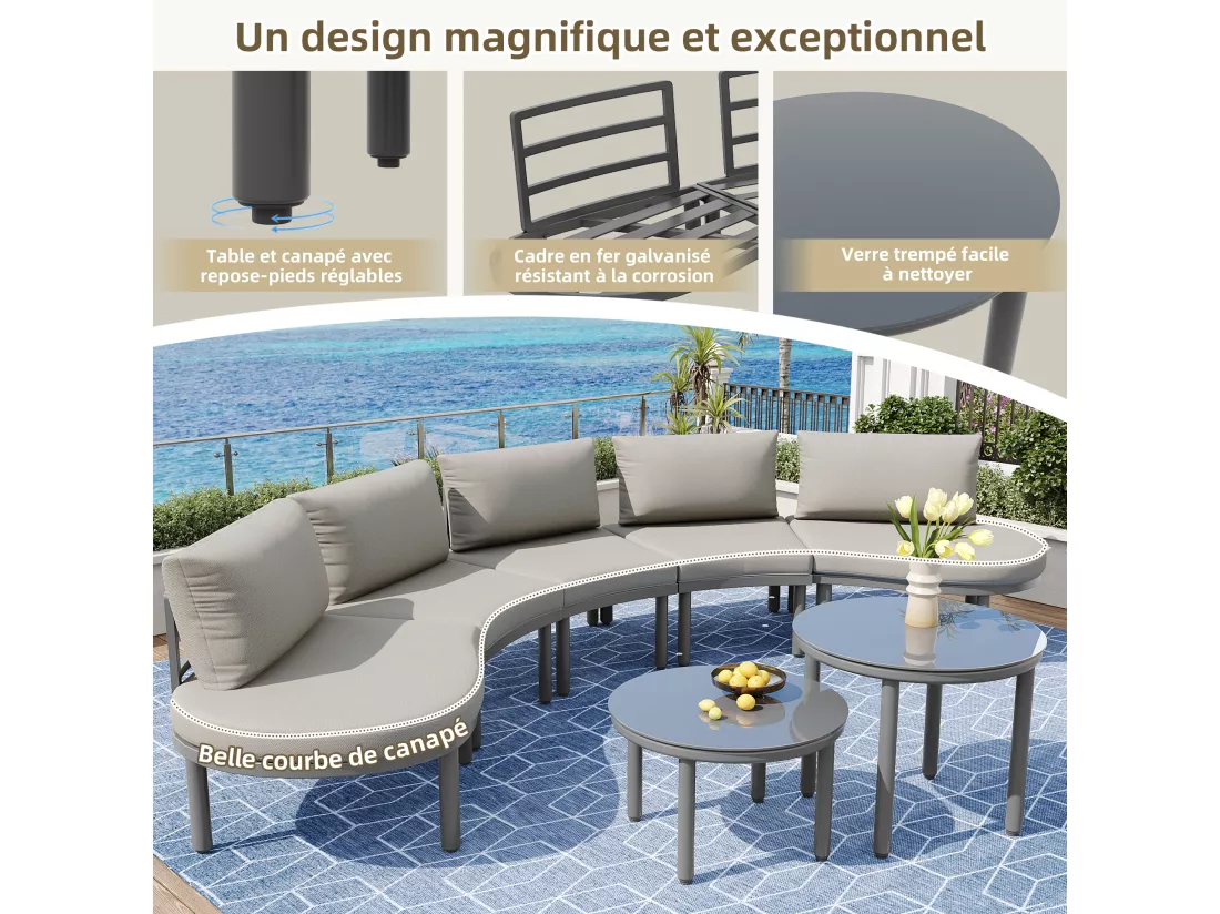 Salon de jardin 5 places - 2 tables basses en verre trempé - en fer galvanisé - avec pieds réglables - élégant canapé arrondi - Gris