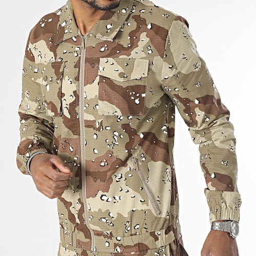Ensemble Veste Zippée Et Pantalon Cargo Vert Kaki Marron Camouflage