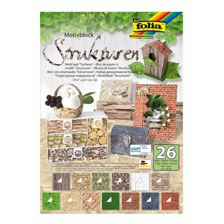 Folia Motivblock Strukturen, 26 Blatt mit Motivkarton und Motivpapier in 13 verschiedenen Designs
