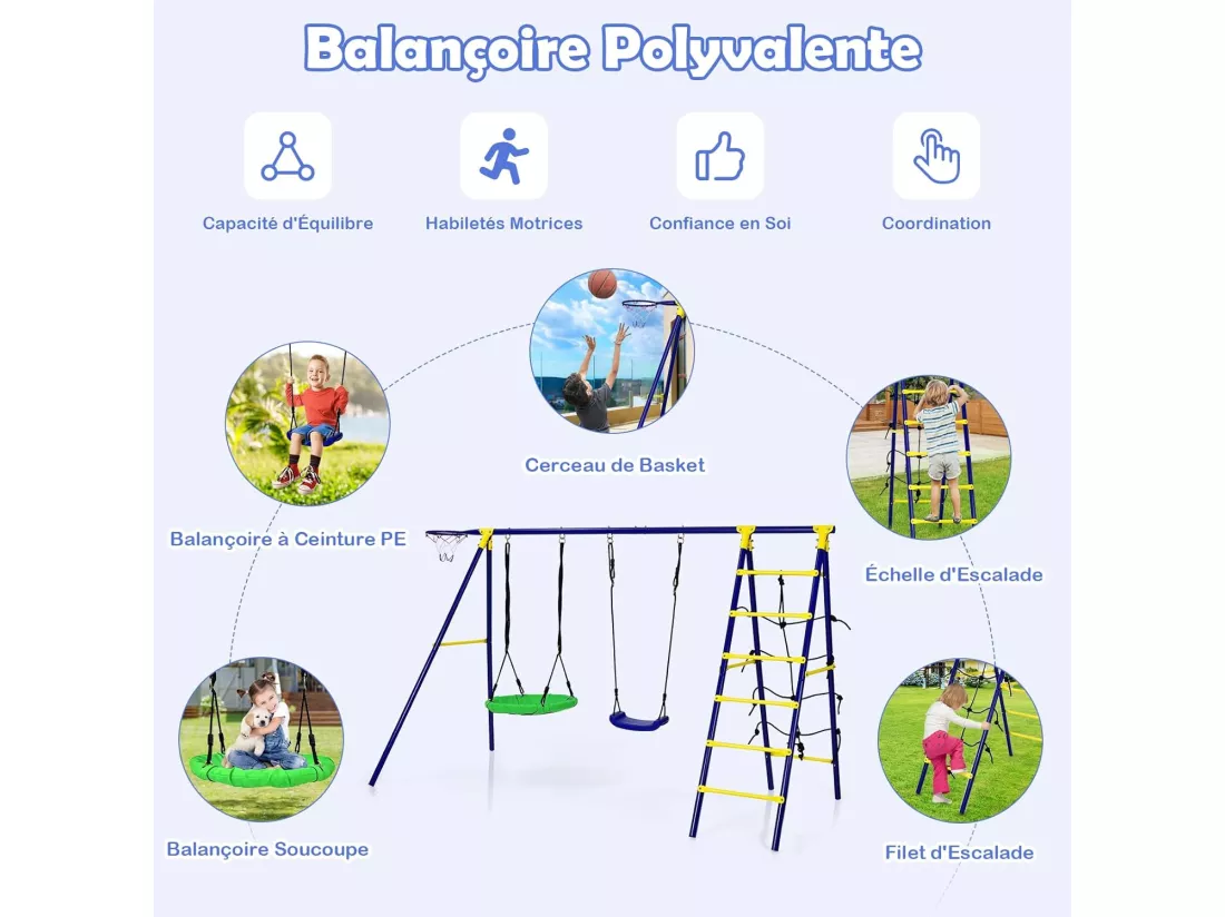 5 en 1 Balançoire Enfants Extérieur avec Panier de Basket, Balançoire Nid d'Oiseau Ø66 cm et en U avec Hauteur Réglable, Filet & Echelle d’Escalade, Charge 75kg pour 3-12 Ans