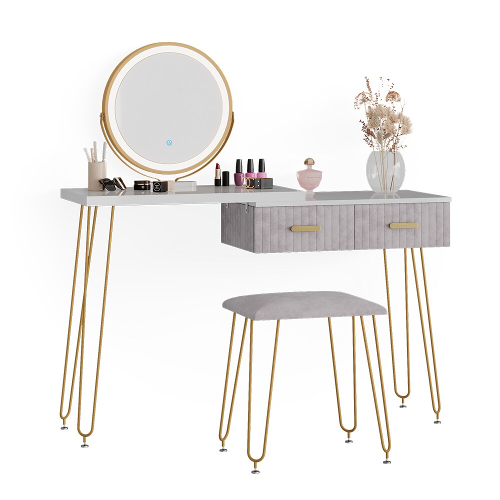 Vicco Schminktisch Frisiertisch Schminkkommode Zoey Weiß Grau LED-Spiegel Design-Hocker 120x76 cm modern Schlafzimmer Kommode Schublade Ablage Aufbewahrung Touch-Switch Kosmetiktisch Make-Up-Tisch