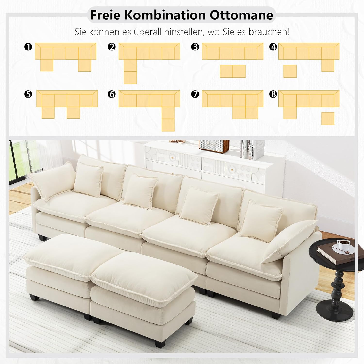 U-Form Cloud Sofa, Modulares Sektionssofa 6-Sitzer mit 2 Ottomanen, Modernes Sofa mit Dekokissen/Armlehnen, Atmungsaktivem Chenille-Stoff, U Sofa Couch für Wohnzimmer, Beige