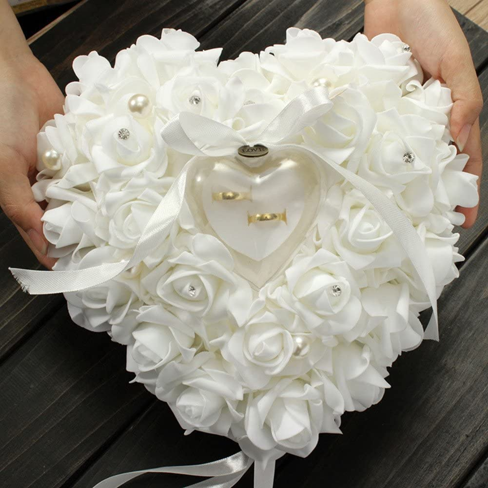 (18x18cm) Rosen Herz Ringschatulle Schmuck Organizer Box für Hochzeits Ringe - Weiss