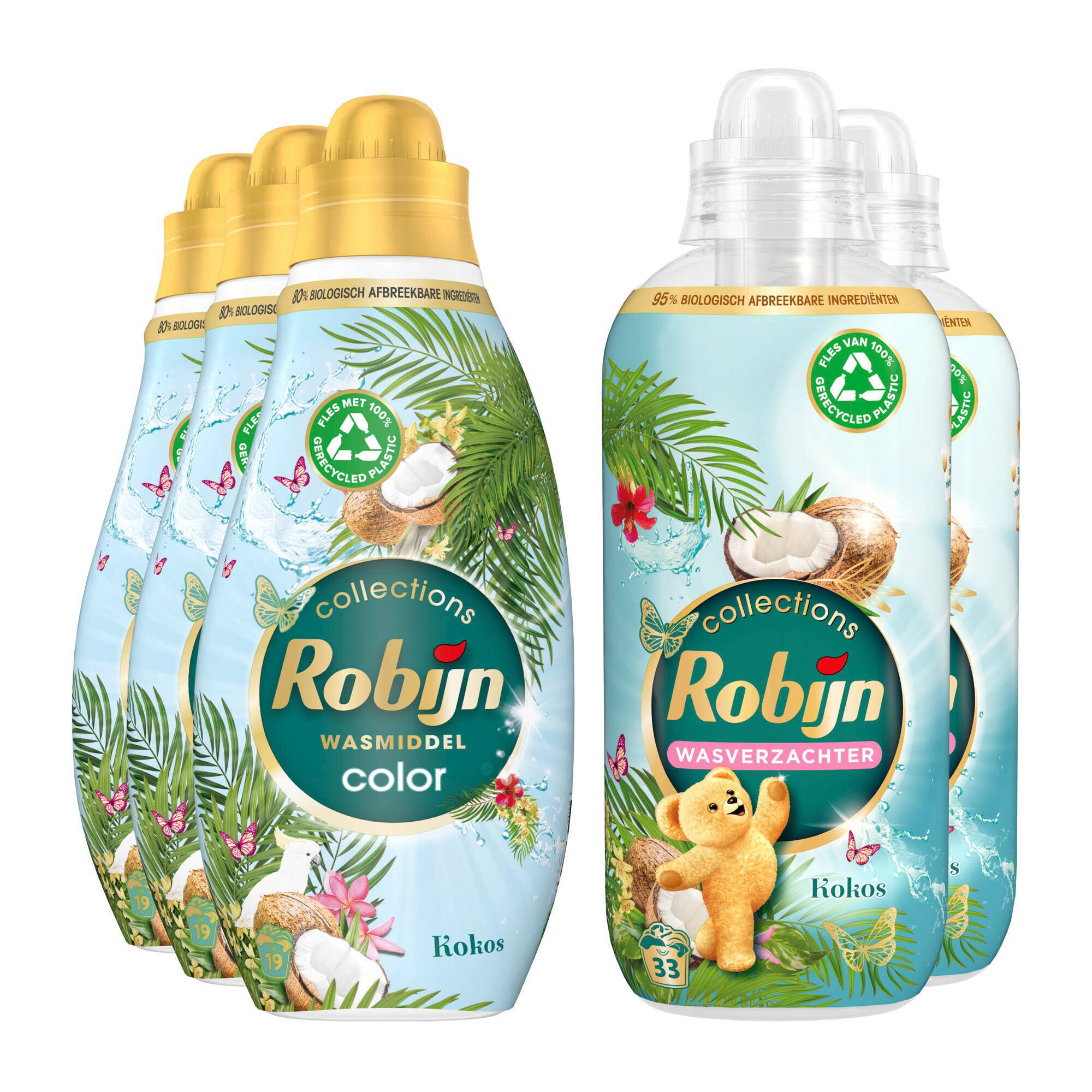Robijn wasmiddel en wasverzachter pakket - Kokos - set van 5 - 60 wasbeurten