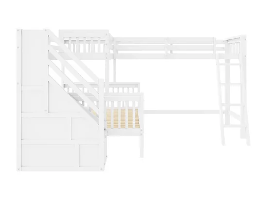 Lit enfant 140*200 cm et 90*200 cm, pour trois enfants, en pin, lit enfant multifonctionnel avec escalier, blanc