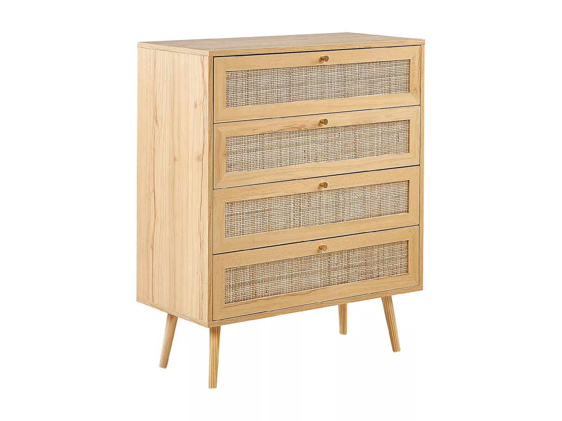 Commode à 4 tiroirs PEROTE Rotin 97 cm Imitation bois Marron clair