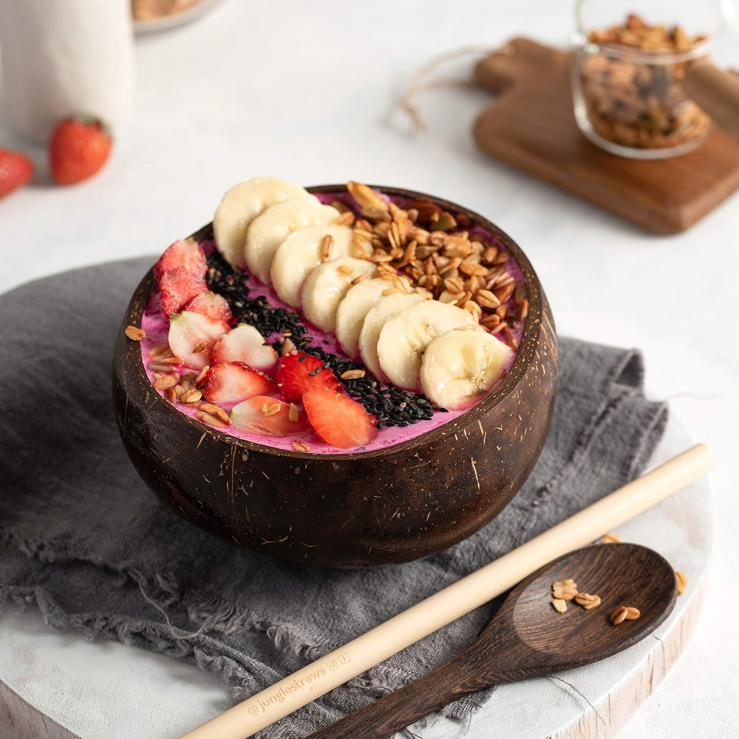 (2er Set) Ø14cm Kokosnuss Schalen Kokosholz Schälchen mit Löffel für Dessert / Bowl / Eiscréme - Braun