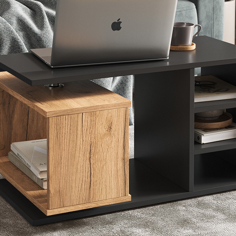 Vicco Couchtisch Rafi, 88x40x35cm, Schwarz, Wohnzimmertisch mit drehbahrem Fach