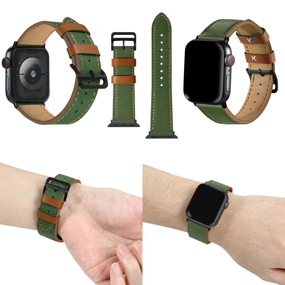 Apple Watch (42/41/40/38 mm) Echtleder Ersatz Armband mit Dornschliesse (Gelenkumfang 175-225 mm) - Grün / Braun