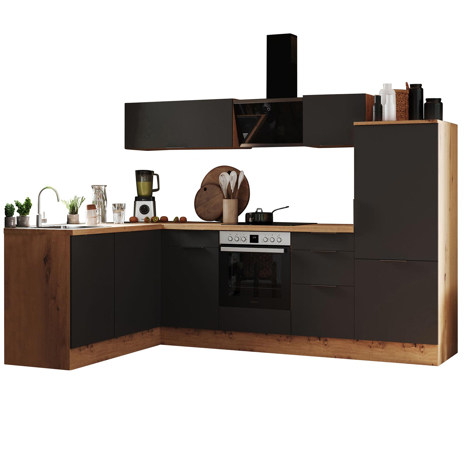 RESPEKTA Winkelküche - grau matt - Artisan Eiche - mit E-Geräten - 280x175 cm