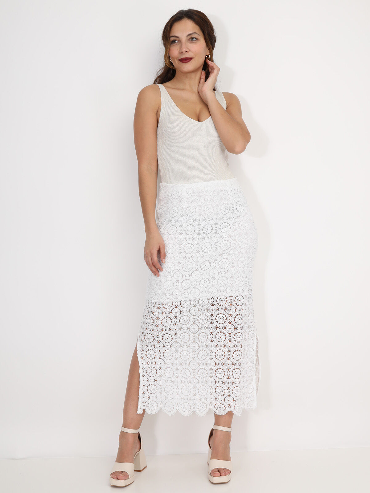 Jupe longue en dentelle crochet- Blanc