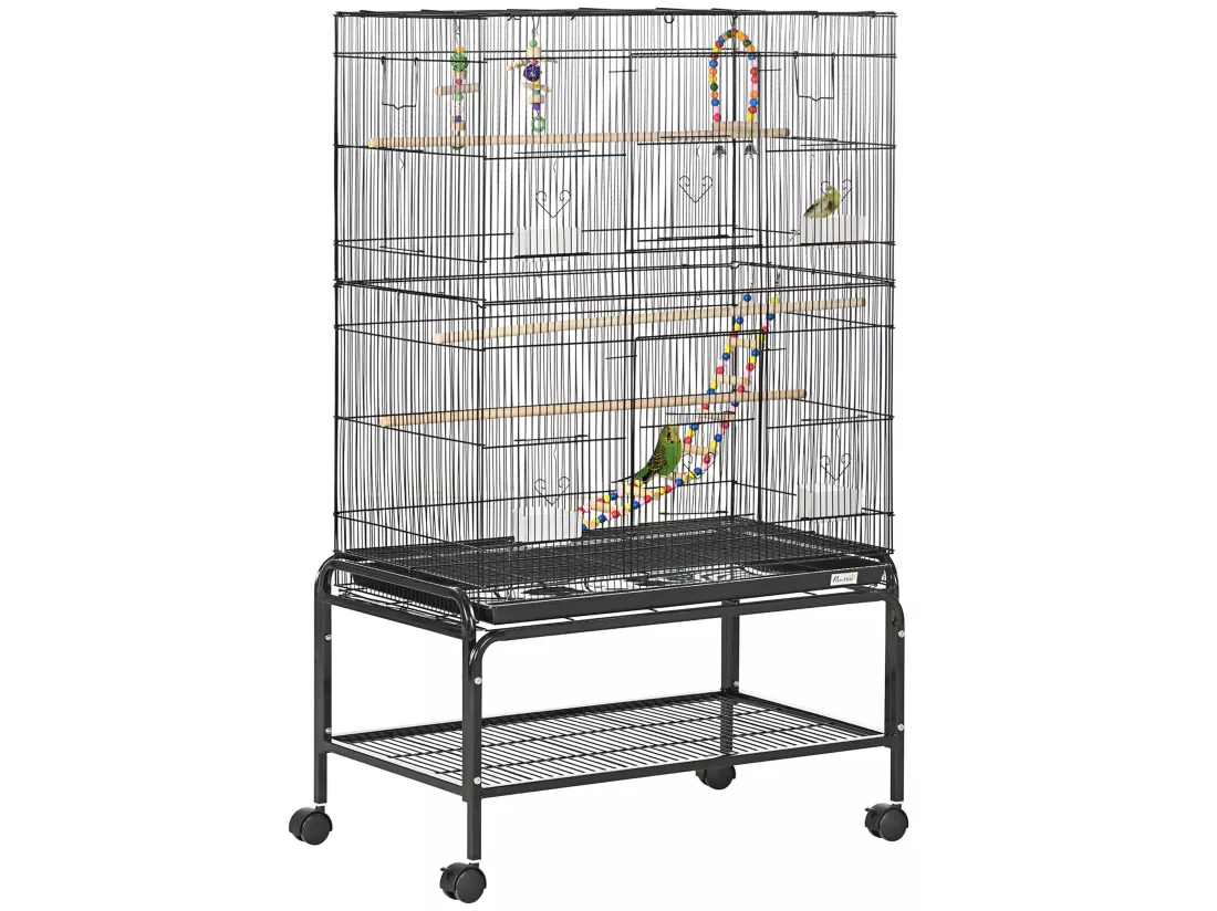 Cage à oiseaux sur roulettes - étagère, plateau déjection, 3 perchoirs, 4 mangeoirs, 2 portes, 8 trappes, accessoires - acier noir