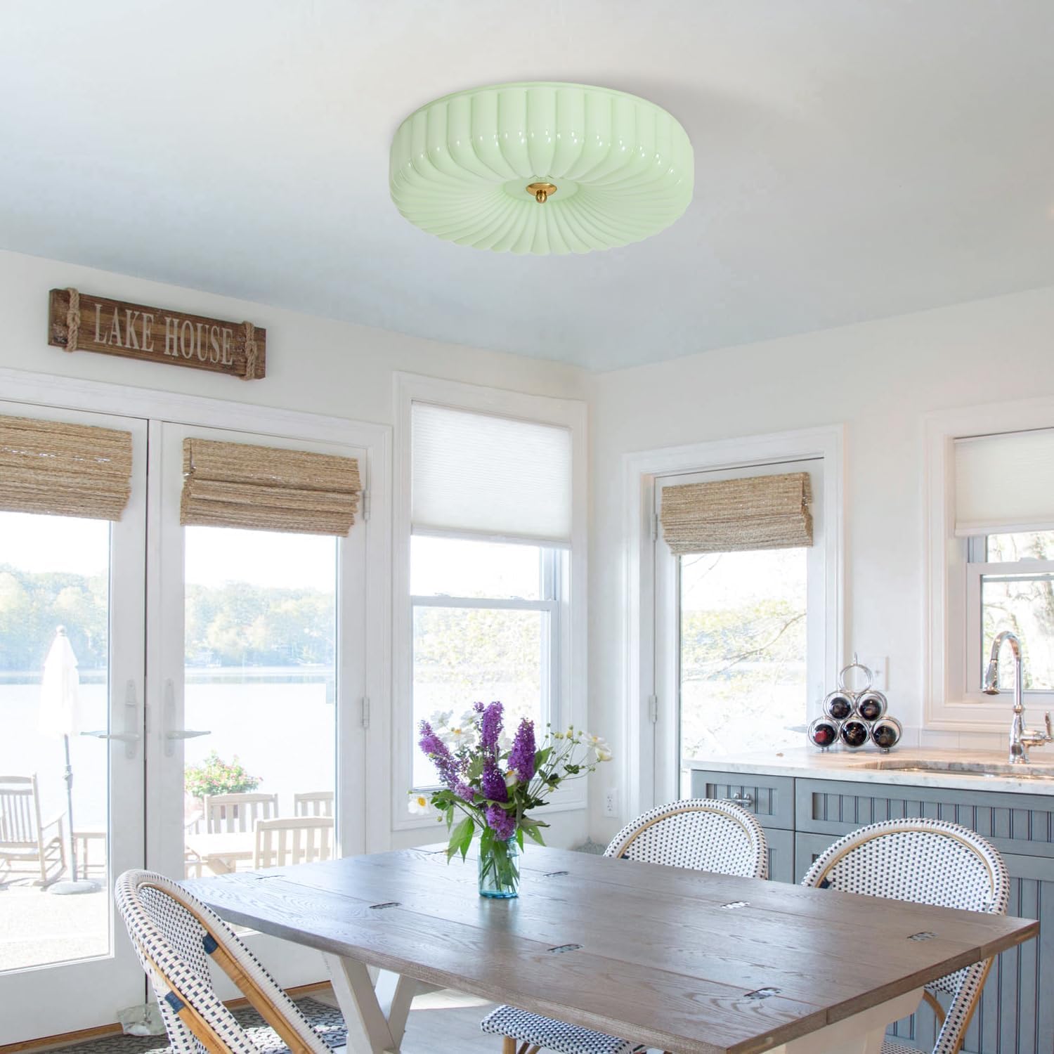 KCO Lighting Nordic Green Glass Flush Mount Ceiling Light Vintage LED Semi Flush Mount Ceiling Light Mid Century Modern Bathroom Overhead Light Round Ceiling Light Fixture
