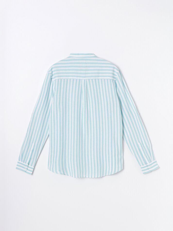Camisa com gola mandarim, em algodão e linho - Turquesa Médio
