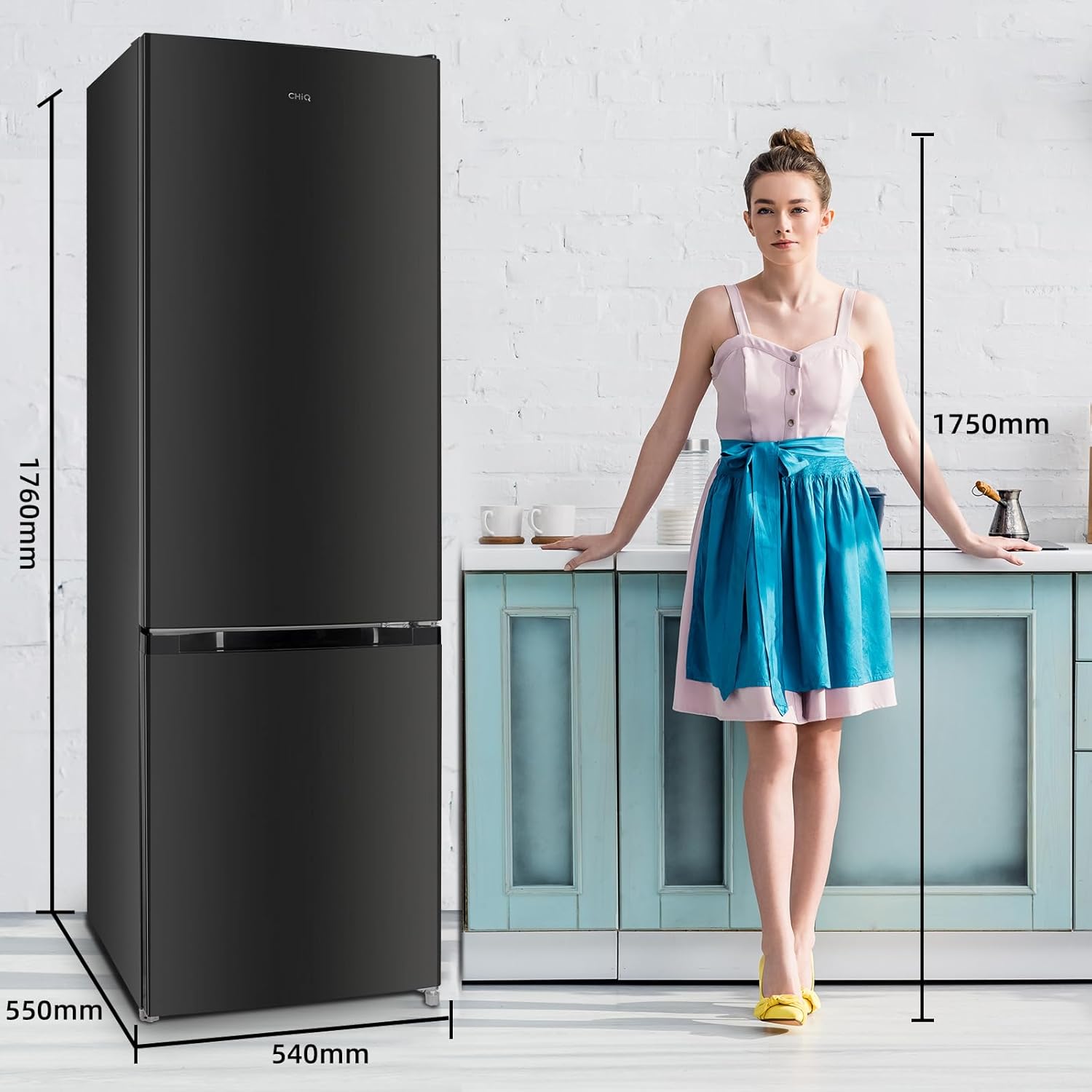 CHIQ CBM260LC Kühl/Gefrie Kombination 262L (187L Kühlbereich+75L XXL Gefrierfach) |137 kWh/Jahr, EEK C, Edelstahloptik, 38dB | Wechselbartür, 4-Sterne Gefrierleistung, Schwarz