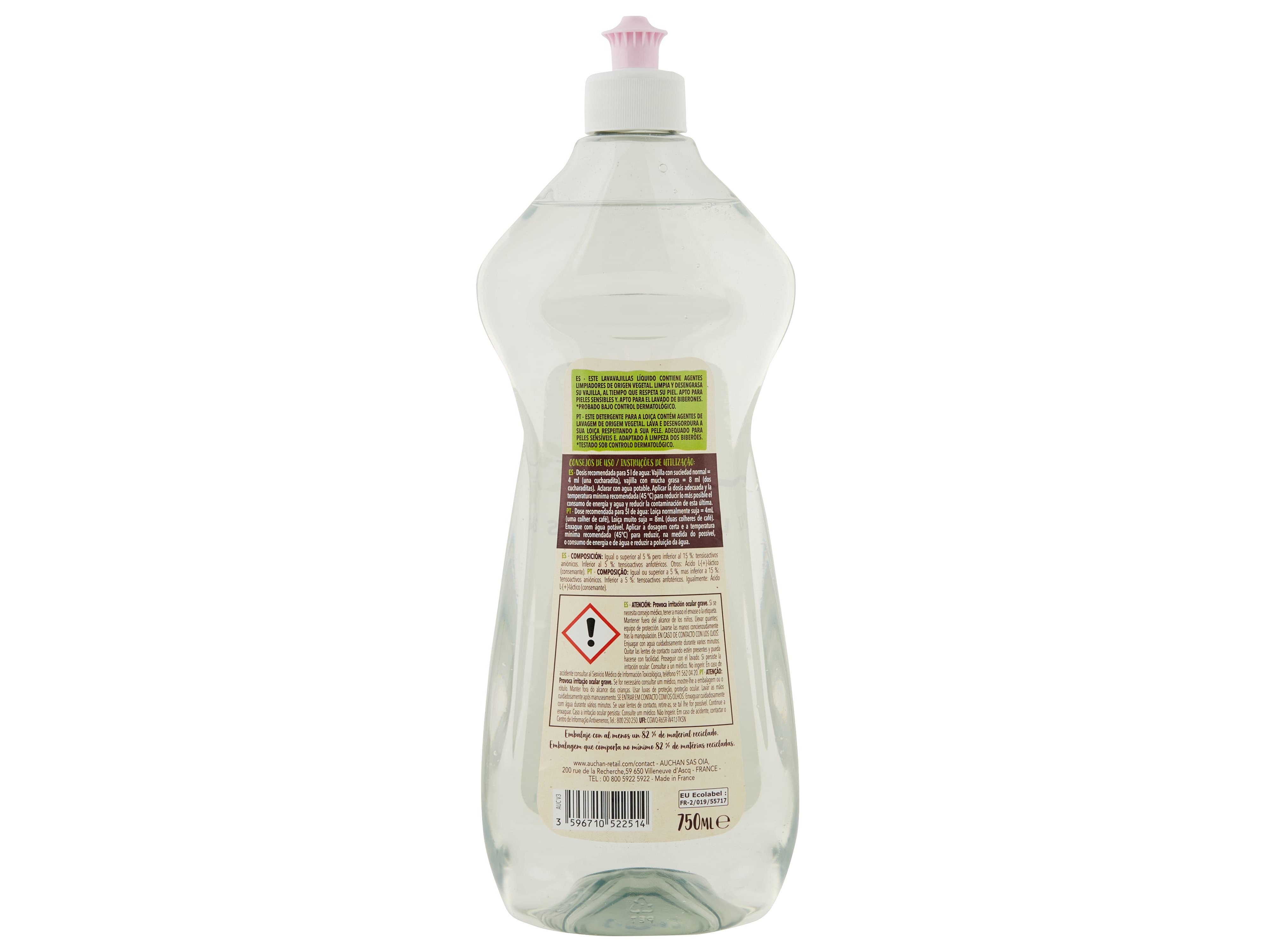 DETERGENTE LOIÇA MANUAL AUCHAN BETTER LIFE PELES SENSÍVEIS BIBERÕES E TETINAS 750ML