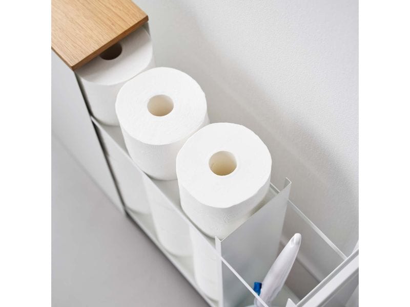 Yamazaki Badezimmerregal Tower 56 x 55 cm, Weiss Auszieh-Regal mit Holzablage