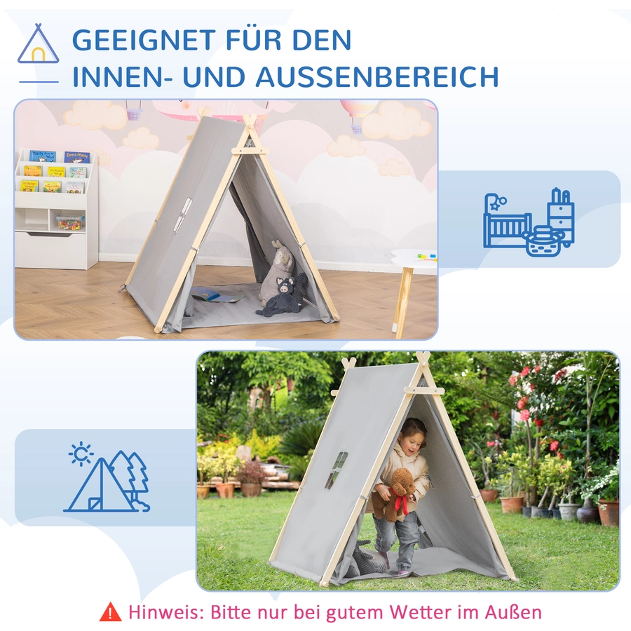 HOMCOM Kinder Tipi Zelt mit Kissen, Bodenmatte und Aufbewahrungstasche grau