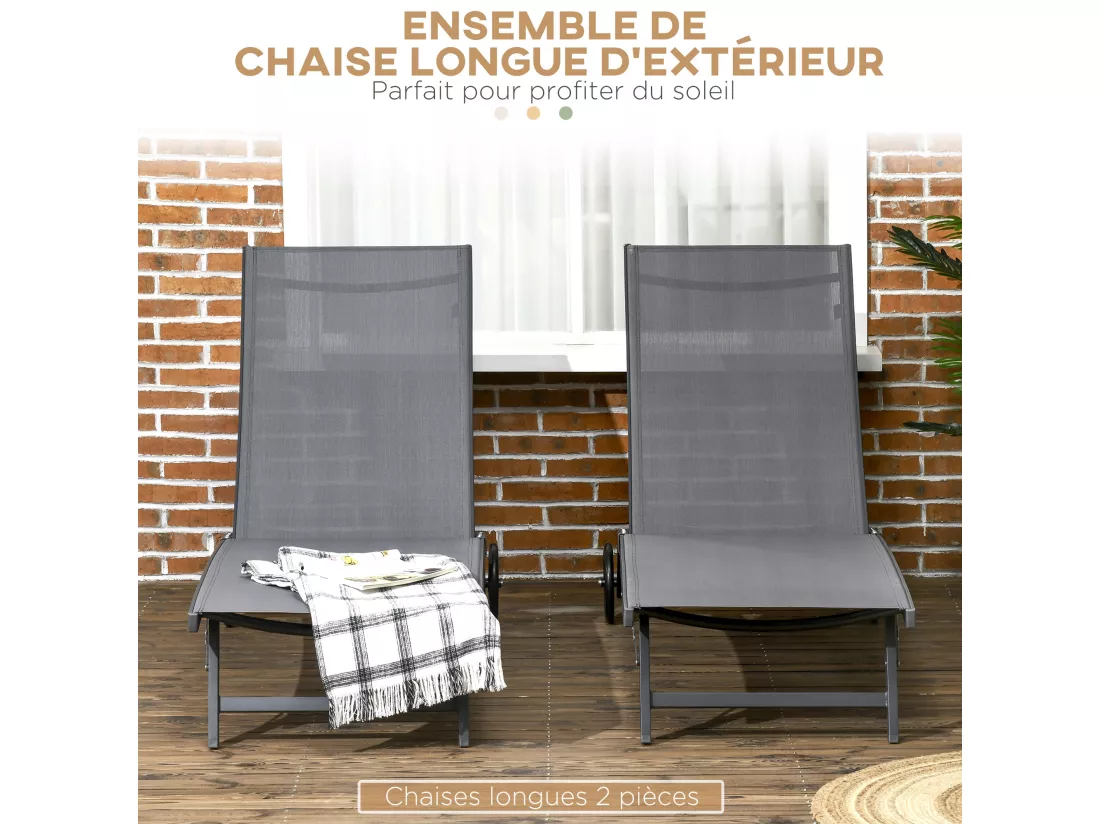 Lot de 2 bains de soleil transats inclinables - 2 roulettes - alu. textilène gris